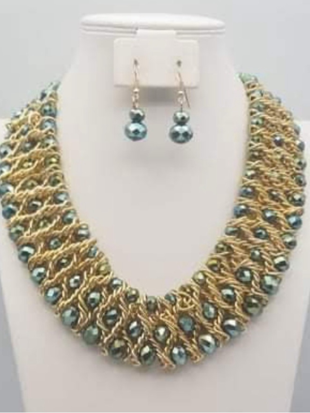 Gold Braided Statement Necklace with Teal Beads - Women Jewelry